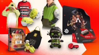 An array of Apex Legends merchandise is shown against a red and white themed backdrop.