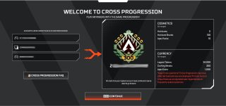 The Cross Progression screen showing accounts across three platforms connecting to one main account and the cosmetics and currency merging data.