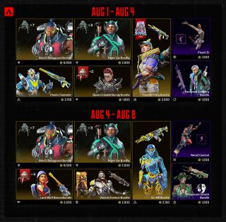 Store Tabs for Week 2 of Neon Network. August 1-4 features Loba's Flaunt It skydive, Hardened Circuitry bundle, five legendary bundles: Bionic Bodyguard, Night Cat, Thunder Kitty, Plastic Fantastic, and Queen's Guard bonus. August 4-8 features Rampart's Recoil Control skydive, Irridescent Unlock bundle, and five legendary bundles: Bionic Bodyguard, Night Cat, Lone Wolf bonus, and Animal Instinct.