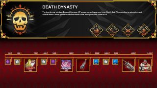 Death Dynasty reward tracker featuring various unlocks and four potential badges.