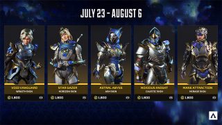 Offers for July 23-August 6, 2024 featuring five skins: Wraith's Void Vanguard, Horizon's Star Gazer, Ash's Astral Abyss, Caustic's Noxious Knight, and Mirage's Mane Attraction.