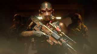 A soldier, wearing copper metal armour, holds a similarly styled rifle. He is flanked by two other soldiers in the background.