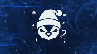 Une image vectorielle d'une tête de pingouin avec un chapeau de Noël sur fond bleu.