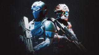 Zwei bewaffnete Soldaten in blauer bzw. roter Rüstung stehen vor einem dunklen Hintergrund voller Sterne.