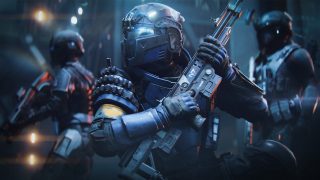 A soldier, wearing a face covering helmet, holds a rifle that has an "N7" emblem on it.