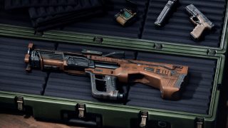 Eine Waffe mit Entlüftungsblaster-Skin in einer Waffenkiste.