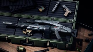 A light and dark gray weapon skin with "M8" printed on white on its side.