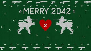 Ein festliches Weihnachtsmotiv mit dem Text "MERRY 2042" und einem roten Herz vor einem grünen Hintergrund in der Mitte.