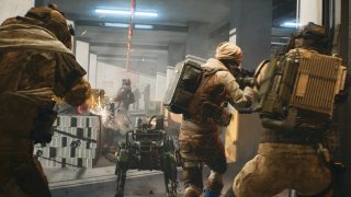 Specialists in tactical gear engage in a firefight in an industrial setting, accompanied by a robotic dog.