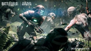 A Battlefield 2042 Screenshot, showing Casper to the left of the image utilizing a Dead Space themed Specialist Skin. Immediately in front of him is a Geist preparing to attack.