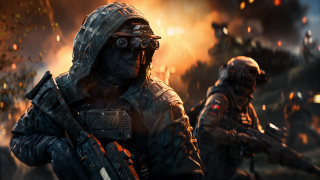Specialists in tactical gear and night vision goggles stands alert in a fiery battlefield, with another soldier in the background.