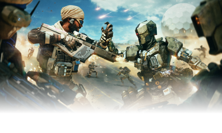 Specialist and a robot engage in combat amidst a battlefield, with explosions and futuristic architecture in the background.