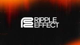 黑色和橙色漸變背景上的白色 Ripple Effect 標誌。