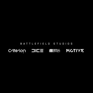 Logotipo de Battlefield Studios con los logotipos de Criterion, DICE, Ripple Effect y Motive, incrustado en un fondo negro.