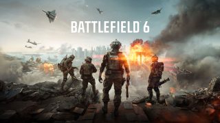 Four soldiers stand on a war-torn battlefield with explosions and aircraft overhead. The title "Battlefield 6" is prominently displayed.