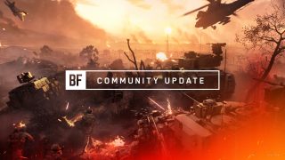 Battlefield community update artwork showing intense modern warfare with soldiers, tanks, and helicopters in a fiery battlefield at sunset, under dramatic orange skies.
