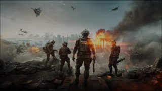 Soldiers stand on a war-torn battlefield with smoke and fire in the background. Helicopters and jets fly above, while a city skyline is visible in the distance.
