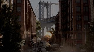 Street scene with explosion and debris, framed by tall buildings. A bridge in the background spans the sky, evoking urban chaos and tension.