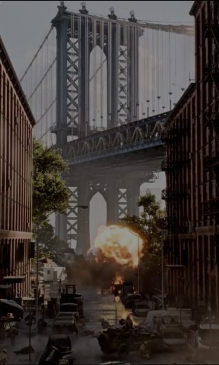 Scène dans une rue avec des explosions et des débris, entourée de grands bâtiments. Un pont en arrière-plan se démarque sur le ciel, évoquant le chaos urbain et la tension.