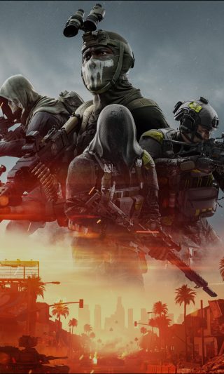 A squad of armed soldiers in tactical gear against a cloudy sky. Below them, a war torn city street silhouetted against a fiery sunset.