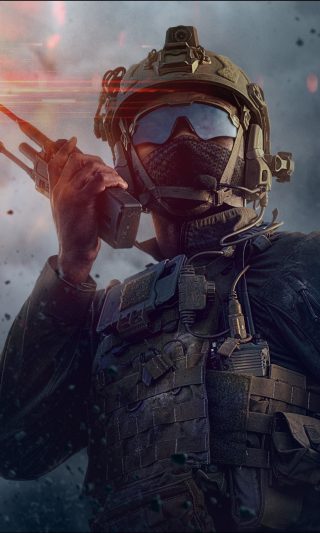 A soldier in full tactical gear and helmet communicates via radio amid smoke and debris, illuminated by red light, evoking an intense battlefield or military operation scene.