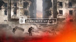 Battlefield community update image shows soldiers in a ruined urban setting, surrounded by debris and flames.