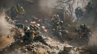 Soldiers in tactical gear navigate a war-torn trench, surrounded by fire and debris, showcasing intense battlefield action.