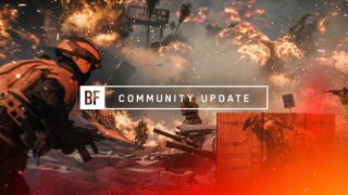Battlefield community update artwork showing intense modern warfare with soldiers, tanks, and helicopters in a fiery battlefield at sunset, under dramatic orange skies.