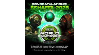 Command & Conquer World Championship 2025 graphic congratulating “Schaffa 2025,” featuring two armored soldiers facing each other with a glowing green energy sphere and lightning effects in the center.