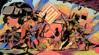 A vibrant collage depicting a soldier, a woman in VR gear, and abstract shapes, blending technology and human figures in a surreal, colorful landscape.