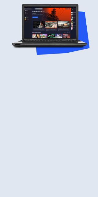 Laptop on a light gray banner with a blue geometric shape, showing a dark game storefront with “Battlefield 6 is Back,” a “GET THE GAME” button, and a friends panel.