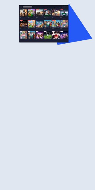 Dark game store/library window on a gray banner with a blue geometric shape, showing a grid of EA titles with prices and Play/Pre-order tags.