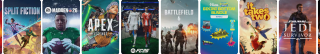 Wide banner of eight EA game tiles: Split Fiction, Madden NFL 26, Apex Legends, EA Sports FC 26, Battlefield 6, Bikini Bottom Bundle, It Takes Two, and Star Wars Jedi: Survivor.