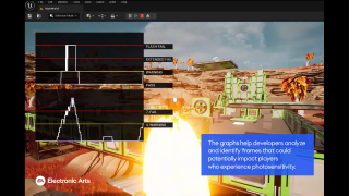 Graphs analyze frames for photosensitivity risks, overlaying a desert game scene. Text explains developers use these to protect players with photosensitive conditions.