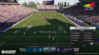 In-game College Football 27 screen showing custom adjustment options in a game between UCLA and Washington.