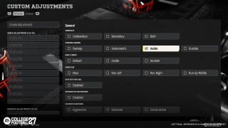 In-game College Football 27 screen showing the custom adjustment configuration on Defense.