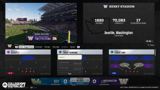In-game College Football 27 screen showing a menu screen with the Washington Huskies stadium in the background.