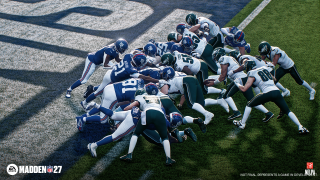Philadelphia Eagles and New York Giants players collide at the goal line in a crowded short-yardage football play near the end zone.