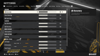 EA SPORTS College Football 27 CPU Skill Sliders screen showing customizable gameplay sliders for CPU quarterback accuracy, pass blocking, receiver catching, run blocking, ball security, interceptions, tackling, and special teams performance.