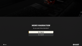 EA SPORTS College Football 27 accessibility prompt asking whether to enable Menu Narration, with options to keep narration on or turn it off during initial game setup.