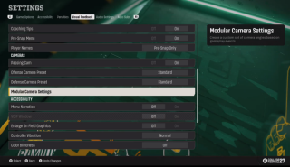 EA SPORTS College Football 27 Visual Feedback Settings screen showing camera presets, passing camera, modular camera settings, coaching tips, pre-snap menu, player names, controller vibration, and accessibility options.
