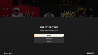 EA SPORTS College Football 27 Practice Mode screen prompting players to choose a practice type, with options for Normal, Offense Only, or Kickoff before starting a practice session.