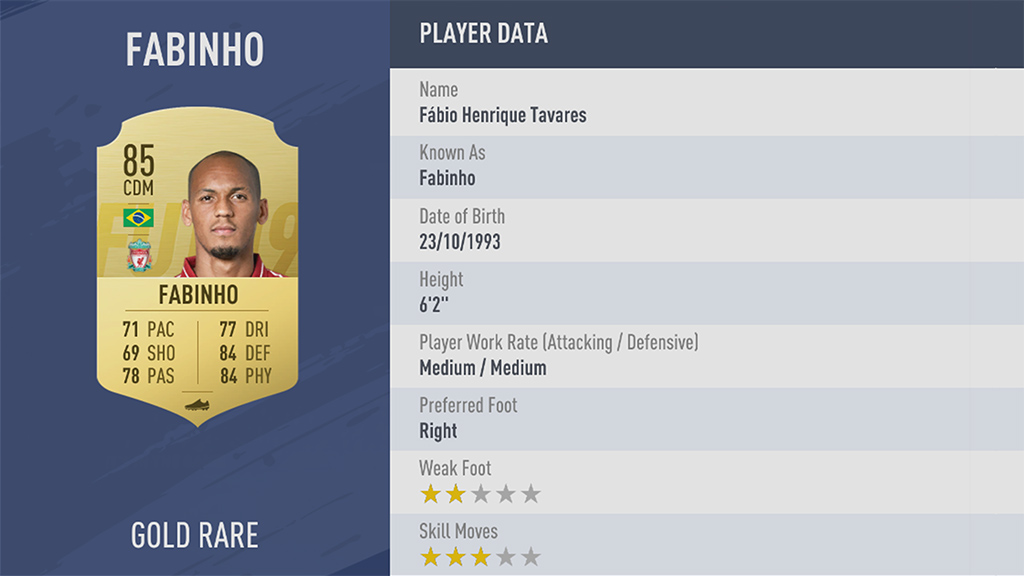 Fabinho, rating di 85 in FIFA 19