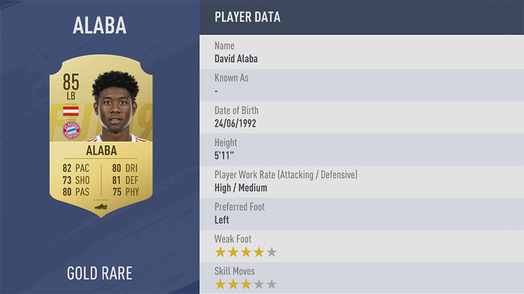 Alaba, rating di 85 in FIFA 19