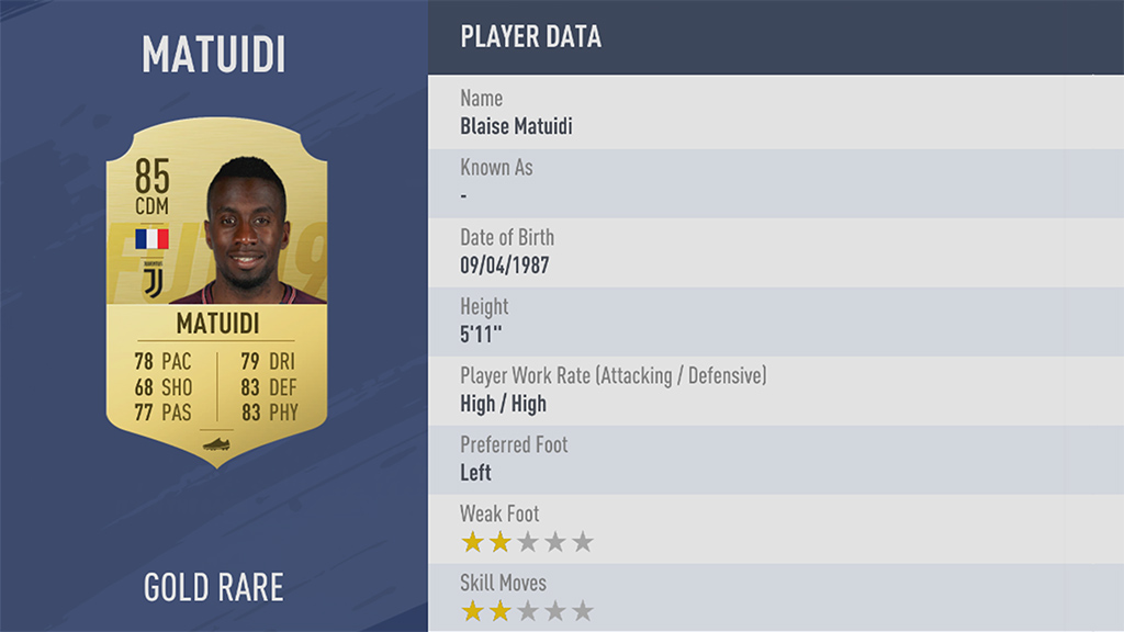 Matuidi, rating di 85 in FIFA 19