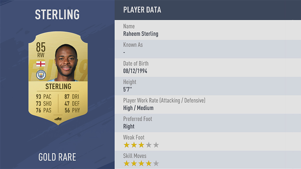 Sterling, rating di 85 in FIFA 19