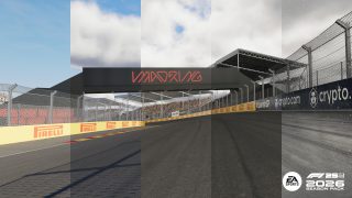 Circuito di Formula vuoto mostrato con condizioni meteorologiche variabili, da cielo sereno a pioggia, attraverso pannelli verticali.