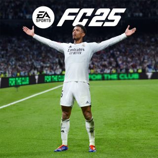Jude Bellingham in a victorious pose on a football field. The logo for EA SPORTS FC™ 25 is prominently displayed.