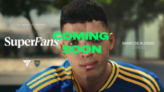 A split-screen comparison between a real photograph and an in-game face scan of the FC SuperFan Marcos Alessio. An overlay text reads "Coming soon"