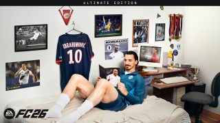 Image of Zlatan Ibrahimović relaxing in a old-school bedroom reading a book surrounded by other football related player images, jerseys and medals.